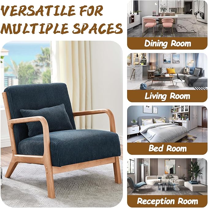 Midcentury Modern ChairWooden Blue Accent Chair with PillowCorduroy Arm Chair for Living RoomBedroomSmall Rooms (Blue)