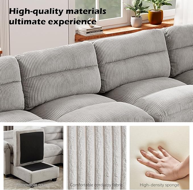 CANMOV Modular Sectional Sofa Corduroy 4-Seater Couches with Thick Cushion for Living Room Grey