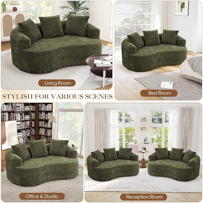 60 Curved Sectional Sofa for Small Spaces - Plush Chenille Modern Cloud Loveseat with Pocket Springs &amp Memory Foam Boneless Floor Couch for Living Room 27.6 Extra Deep Seat No Assembly (Green