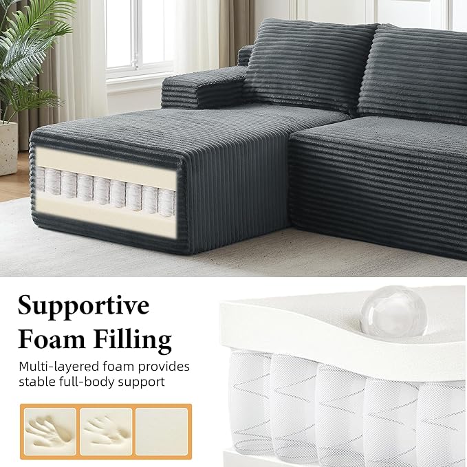 Boneless Couch Corduroy Cloud Sofa 96'' Sectional Couches Deep Seat L-Shaped Sofa No Assembly Pet-Friendly Apartment Couch for Living Room Small Spaces in a Box