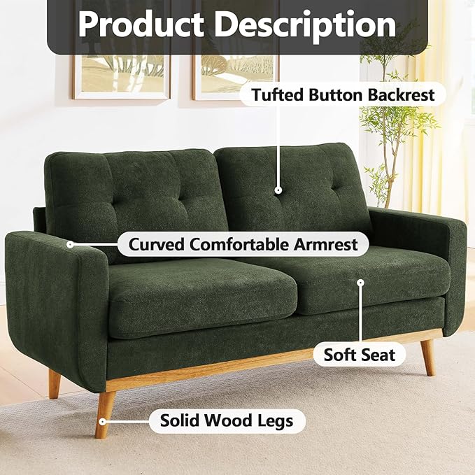 68“ Mid Century Modern Loveseat Sofa for Small Living Room Rraditional 2 Seater Couch for Office Apartment Bedroom Mini|Small|Vintage|Wood Frame|Chenille Fabric|600 LBS|Tufted (Saga Green)