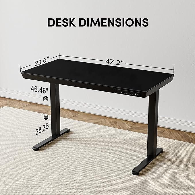 CubiCubi 48 × 24 Electric Standing Desk with Drawers Whole-Piece Glass Adjustable Height Desk One-Piece Quick Install Adjustable Sit Stand Desk Black