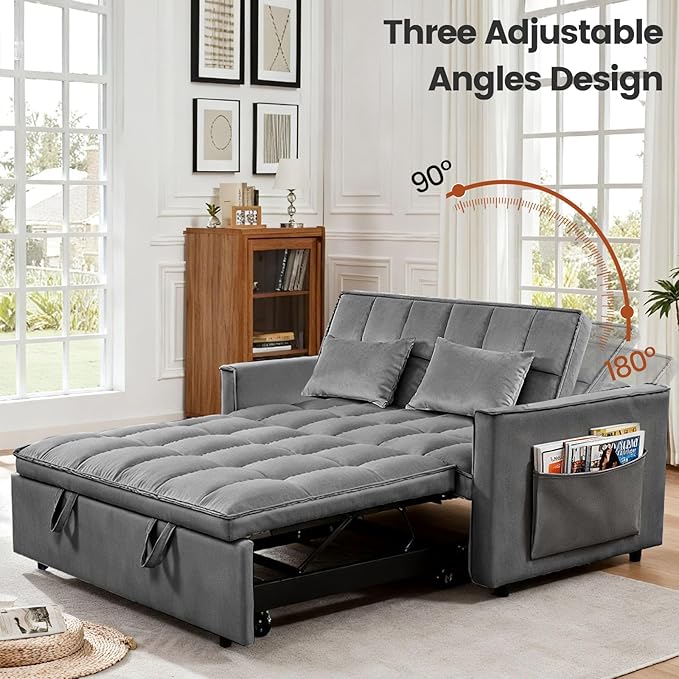 Convertible Sofa Bed Pull Out Couch with Side Pockets 3 in 1 Velvet Fabric Loveseat Sleeper Sofa Bed Pull Out Couch with Adjustable Backrest for Living Room Bedroom Apartment Deep Gray