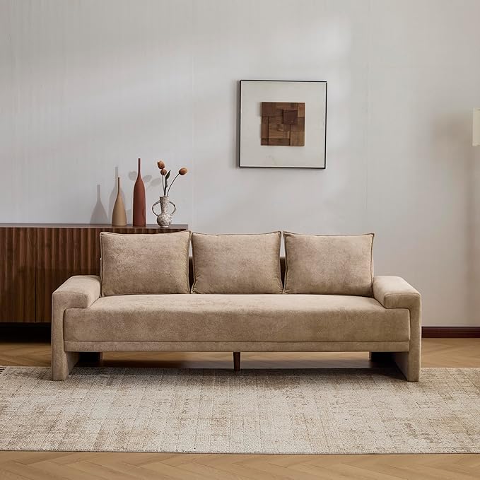 Christopher Knight Home Ahrab 84 Upholstered Sofa with 3 Back Pillows Modern Fabric 3-Seater Sofa Cozy Oversized Loveseat with Low Armrest Spacious Lounge Seating for Living Room Home Rest Camel