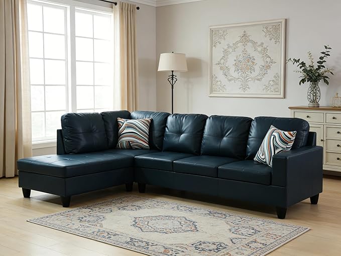 103.5 Inch Modern L-Shaped Couch PU Leather Sectional Sofa with Chaise Lounge 4-Seater Couch with Accent Pillows for Living Room Apartment Blue
