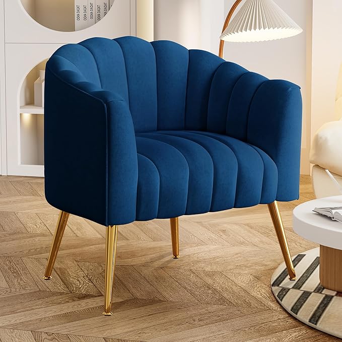 Oversized Pumpkin Couch Accent Chair Modern Comfy Velvet Upholstered Barrel Chairs Luxury Single Sofa Armchair for Living Room Waiting Room Office and Vanity (Navy)