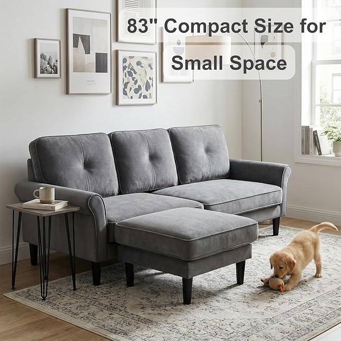 Sofas for Living Room 83 Velvet Sectional Couch with Moveable Ottoman Midcentury Modern Small Sectional Couch L Shape Sofa &amp 2 Seater Couches for Living Room Apartment Bedroom Grey