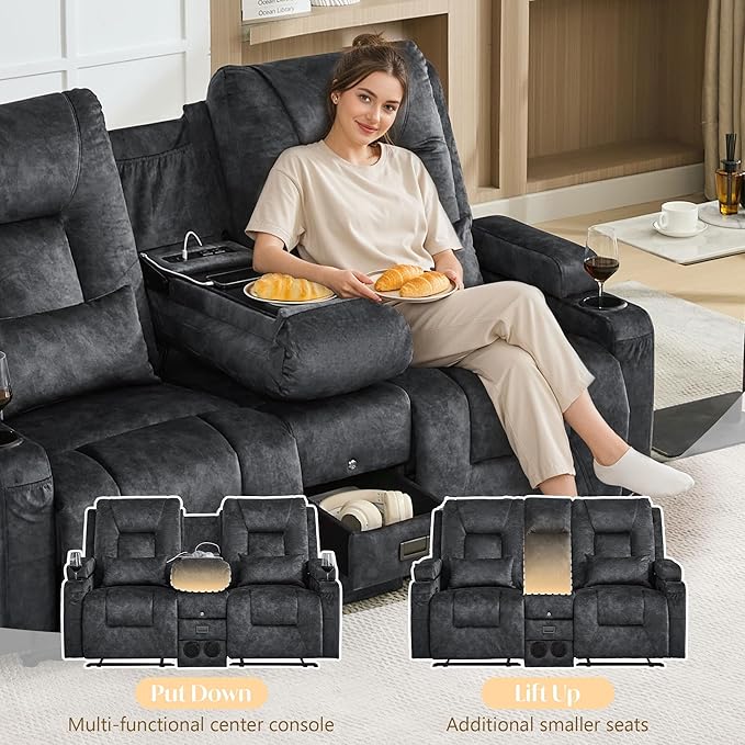 Houjud Manual Reclining Loveseat Sofa with Console Recliner Sofa RV Couch with Bluetooth Speakers USB Charging AC Outlets and Pillow for Home Theater Velvet Gray