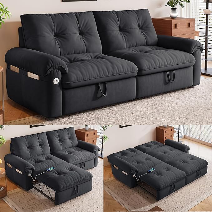 77 Pull Out Sofa Bed Velvet Convertible Sleeper Couch Loveseat Chaise Lounge with Side Pockets and USB Pullout Futon Sofa Bed for Living Room Bedroom Small Spaces RV (Grey)
