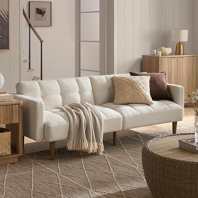 mopio 76.4 Futon Sofa Bed Couch Loveseat Sleeper Sofa Mid Century Modern Futon Couch Sofa Cama Couches for Living Room (Aaron Pearl White Boucle)