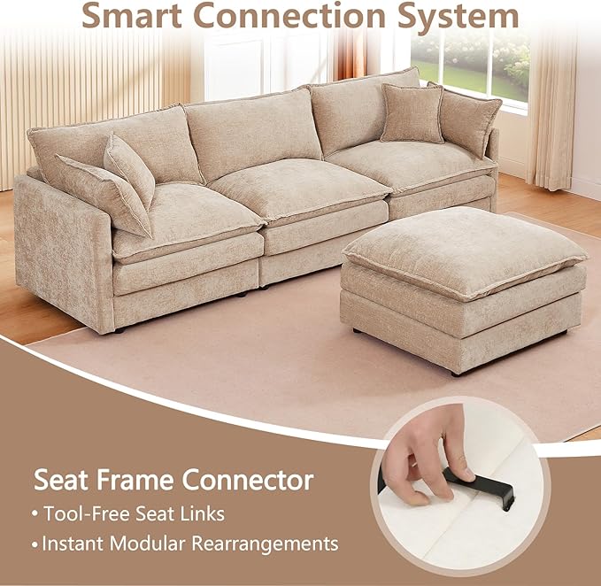 GNIXUU 102 Modular Sectional Sofa L Shaped Cloud Couch with Movable Ottoman &amp 4 Pillows Deep Seat Chenille 4 Seater Sectional Couches for Living Room Apartment (Camel)