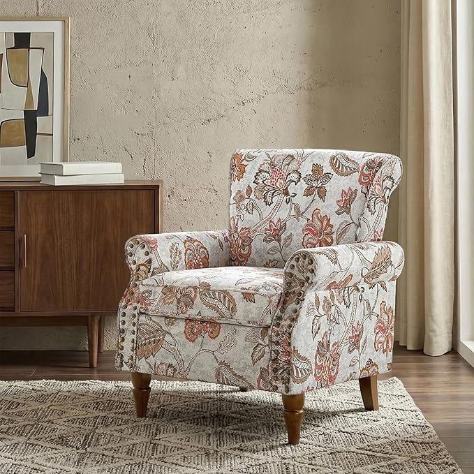 Wingback Accent Chair with Wood Legs Modern Comfy Upholstered Armchair with Removable Cushion and Nailhead Trim Floral Pattern Single Sofa Reading Chair for Living Room Bedroom
