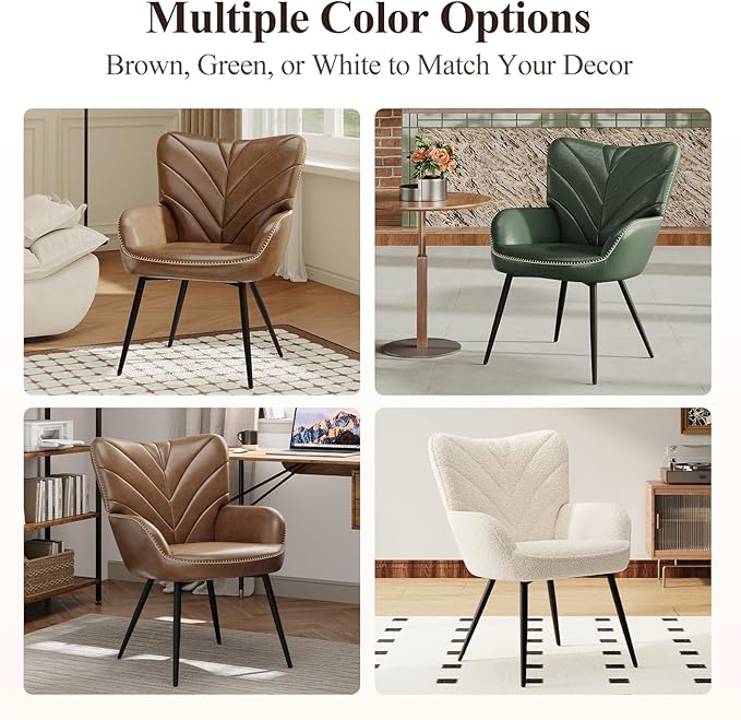 Mid-Century Modern Faux Leather Accent Chair for Living Room Upholstered Armchair with Curved Ergonomic Back High-Density Cushion &amp Metal Legs Lounge Chair for Bedroom/Reading Corner