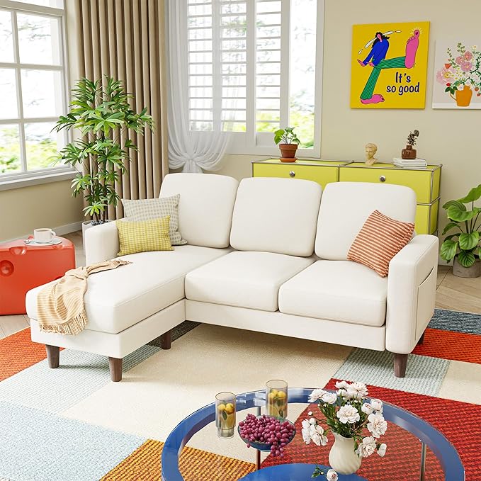 YESHOMY Couches for Living Room Sofa with Movable Ottoman Small Couch with Reversible Chaise and Side Pockets L Shaped Couch for Small Space Apartment (Linen Fabric Beige)