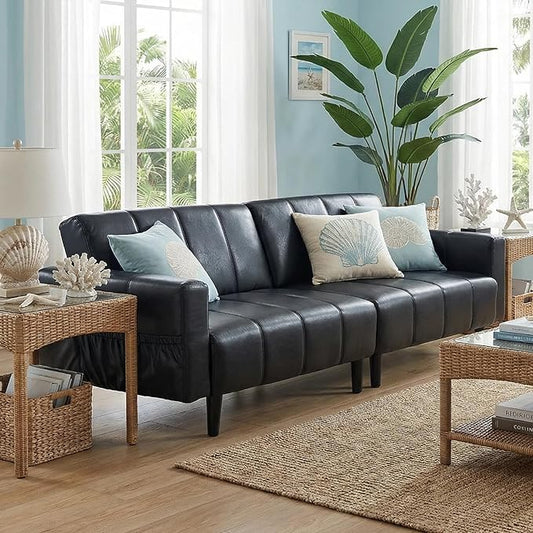 83 Mid Century Modern Futon Sofa Bed 3 Seater Faux Leather Couch with Adjustable Backrest Comfy Upholstered Sleeper Sofa for Living Room Apartment Home Office (Black)