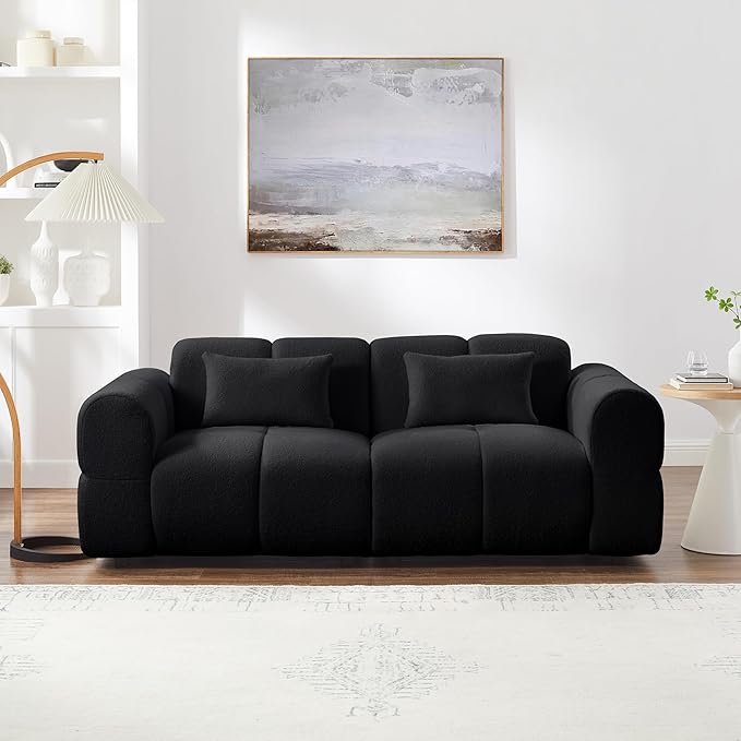 80 Modern Sofa Couch Comfy Deep Seat Teddy Cloud Sofa Upholstered 3-Seater Boucle Couch Oversized Loveseat for Living Room Bedroom Office Apartment(Black)
