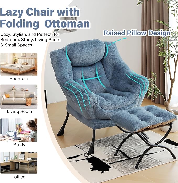 Lazy Chair with Ottoman Modern Accent Chair with Armrests and a Side Pocket Plush Light Blue Accent Chairs Reading Chairs Oversized Armchairs for Bedroom Study Living Room Courtyard