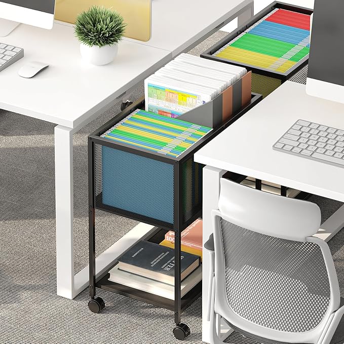 Rolling File Cart Mobile File Cabinet with Wheels Hanging Files Metal Hanging File Folder Cart File Organizer Fit Letter Size for Home Office Black