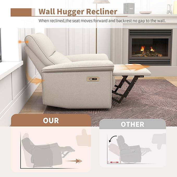 KEIKI Wall Hugger Recliner Chair Zero Wall Electric Recliner Chairs with USB Port Electric Recliner for Living Room Fabric Reclining Armchair for Small Space Beige