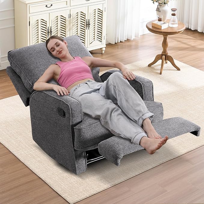 INZOY Manual Recliner with Thicker Backrest Soft Fabric Recliner Chair with Overstuffed Cushion Heavy Duty Reclining Sofa for Living Room Bedroom Apartment Grey