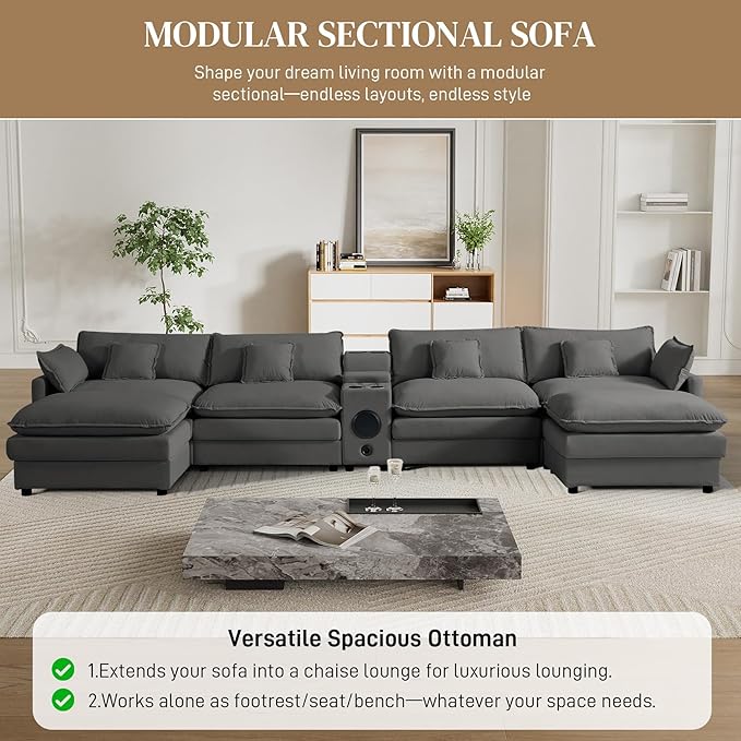 162.6 U Shaped Cloud Couch Modular Sectional Sofa Sectional Couches for Living Room Modern Oversized Velvet Cloud Sofa with Central ConsoleBluetooth SpeakerUSB Ports Grey