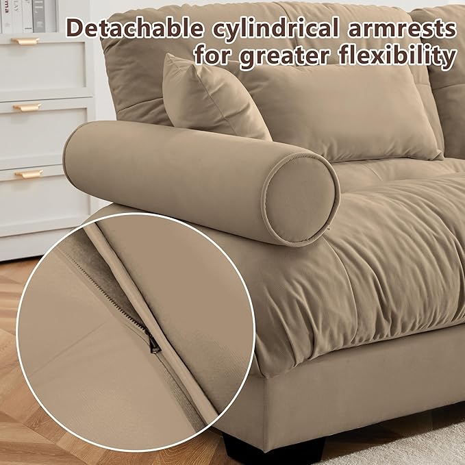 Oversized L Shaped Sectional Sofa 3 Seater Modular Velvet Cloud Couch with Ottoman Large Fluffy Couch Set for Living Room Camel