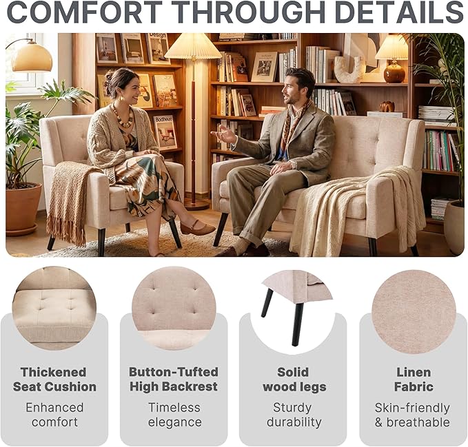 Mid-Century Modern 47 Small Loveseat &amp Accent Chair Combo Set Plush Linen Fabric with Button Tufted High Back &amp Solid Wood Legs for Apartment Living Room Bedroom Home Office (Beige 2-Pie