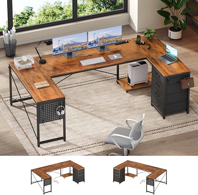 L Shaped Desk 67 Reversible Computer Desk with 4 Fabric Drawers and Power Outlet Corner U Shaped Desk with Shelf and Pegboard for Home Office Rustic Brown
