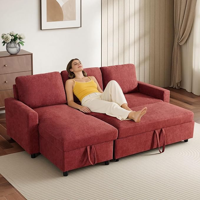 L-Shaped Sleeper Sofa with Chaise Lounge &amp Storage Pull-Out Couch Bed with Recliner Full Size Futon for Living Room Office Apartment Red