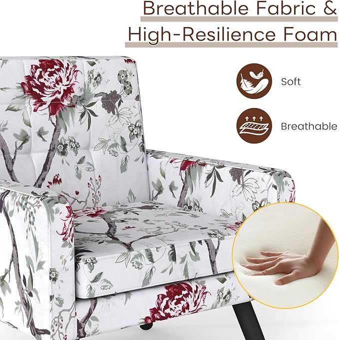 Accent Chair for Living Room Set of 2 Mid-Century Modern Comfy Upholstered Armchair with Large Seat Single Sofa Reading Chair 496 Lb. Weight Capacity for Bedroom Apartment Red Floral