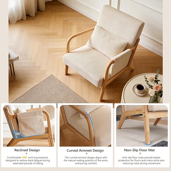 Accent Chair Mid Century Modern Chair with Side Storage Pocket Upholstered Living Room Chairs Armchair Lumbar Cushion &amp Solid Wood Frame for Bedroom Easy Assembly Beige