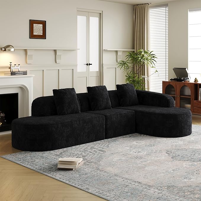 Oversized Sectional Sofa with Right Chaise 111 Modern Luxury Lychee-Textured Long-Pile Extra Wide Seat L-Shape Curved Cloud Boneless Couch for Living Room Apartmen No Assembly Black