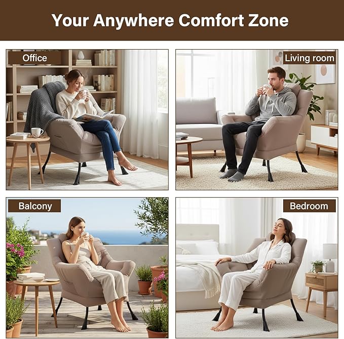 Welnow Lazy Chair for Living Room Modern Reading Accent Chair with Armrests and a Side Pocket Leisure Upholstered Lazy Sofa for Small Space Bedroom Dorm Khaki