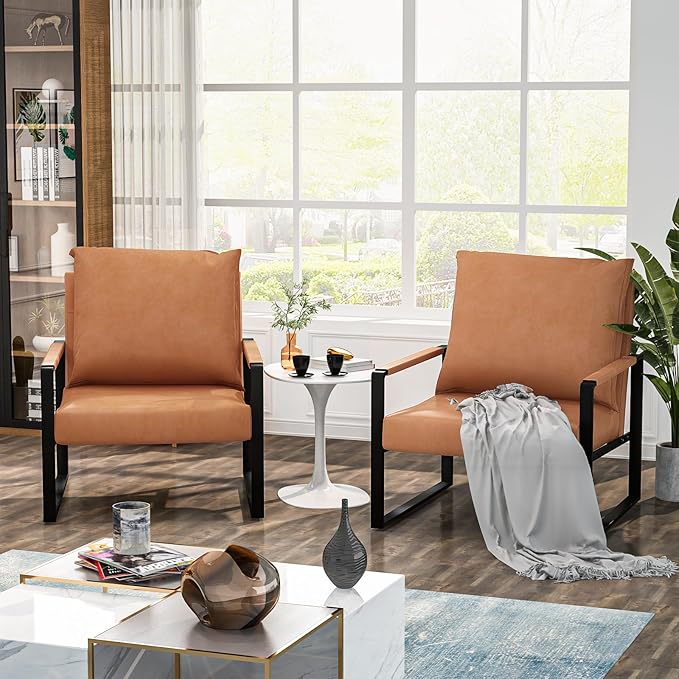 AWQM Leather Accent Chair Set of 2 Sofa Chair with Extra-Thick Padded Backrest &amp Seat Cushion Single Sofa for Living Room Bedroom Black Metal Frame 105 Degree Slant Back-Apricot（Set of 2）