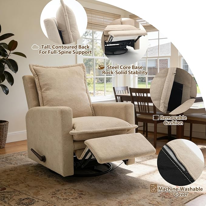Euthymia Swivel Rocking Chair Nursery High Back Glider Rocker Recliner Chair for Small Spaces Manual Reclining Sofa for Living Room Bedroom Beige