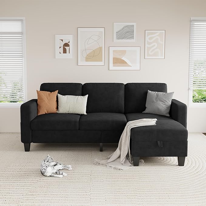 Sectional Sofa and Couches for Living Room 78'' Black 3 Seat L-Shaped Couch with Movable Ottoman Comfy Velvet Convertible Sectionals Sofas with Chaise for Apartment Dorm Small Space