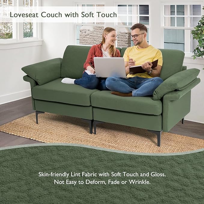 Giantex 72.5 L Loveseat 2-Seat Sofa Couch with Removable Armrest Pillows Metal Frame Legs Comfy Cushions Modern Furniture for Living Room Reception Room Office Easy Assembly Green