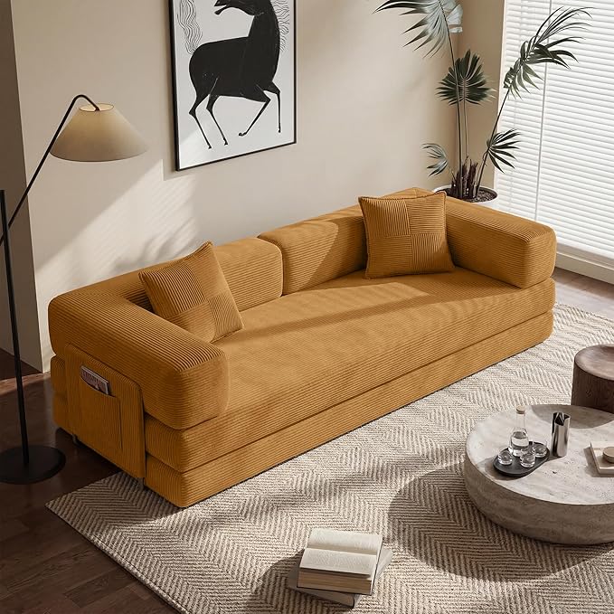 Convertible Floor Sofa Couch | 98.4’’ Folding Futon Sofa with Storage Pocket Oversized Corduroy Loveseat Sleeper Sofa with Pull Out Bed Modular Sectional Sofa for Apartment | Yellow