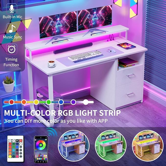 DWVO Office Desk with Drawers 47 Computer Desk with Power Outlets &amp LED Light Home Office Desk with Storage &amp Monitor Stand White