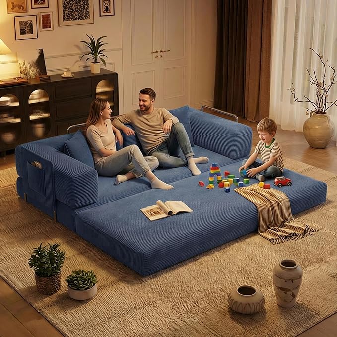 78.8 Boneless Sleeper Sofa BedConvertible Futon Couch with Storage Pocket and 2 PillowsModular Corduroy Sofa for livingroomSmall speaceBlue