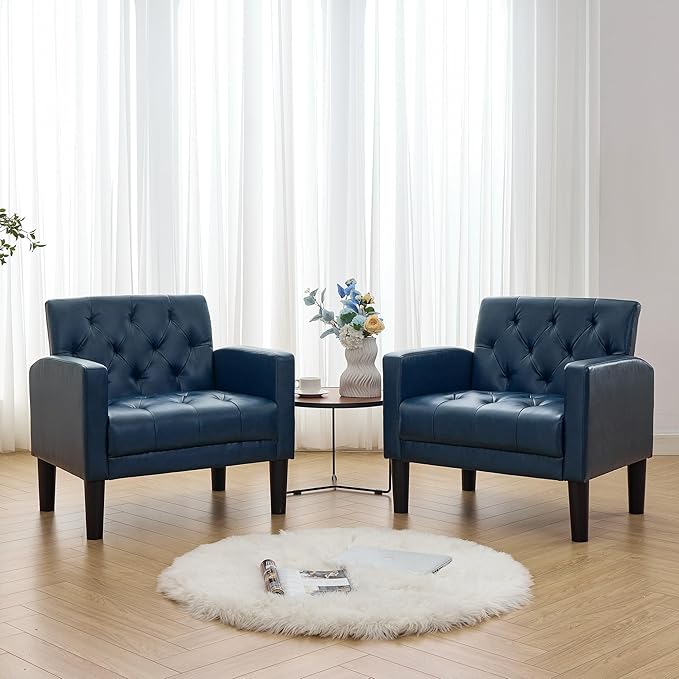 TYBOATLE Accent Chairs Set of 2 Comfy Living Room Chair Leather Tufted Mid Century Modern Accent Chair Small Cozy Reading Arm Chair for Office Bedroom (2 Blue)