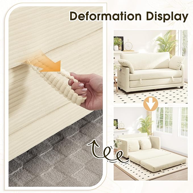 65 Convertible Loveseat Sofa Bed 2-in-1 Folding Sofa Bed with 2 Pillow for Small Spaces Modern Sleeper Couch for Apartment Living Room &amp Guest Room (Corduroy Beige 65 inch)