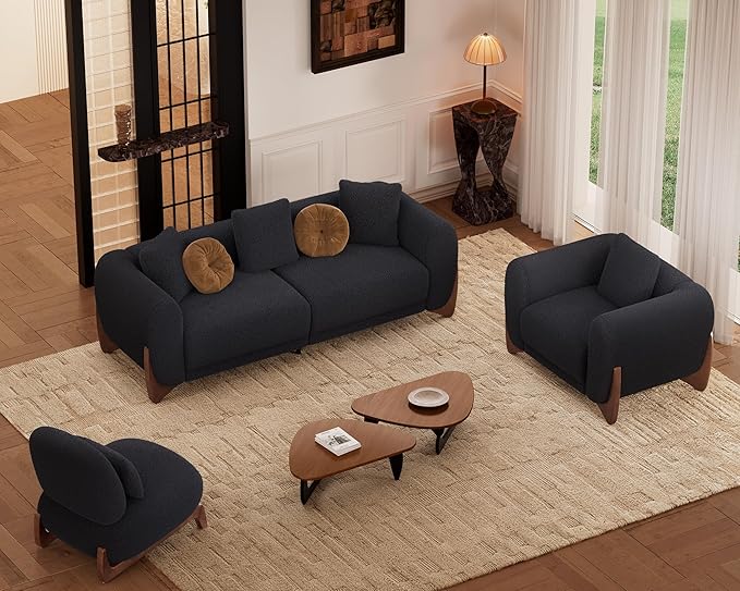 Morden Fort Sherpa Boucle Chair Single Tilted Modern Wood Chair with Thick Cushion Comfortable Lumbar Pillow Armless Reading Accent Chair Compatible with Sofa Set Couch for Living Room Black