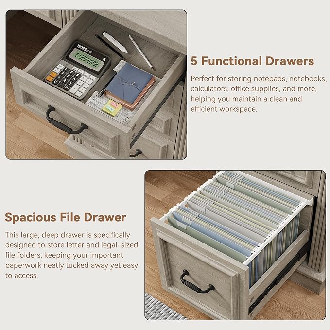 Farmhouse 57 Lift Up Executive Desk with 5 Drawers and Charging Station Wood Home Office Computer Desk with File Cabinet Storage Keyboard TrayHeadphone Hook for WorkStudy (Grey)