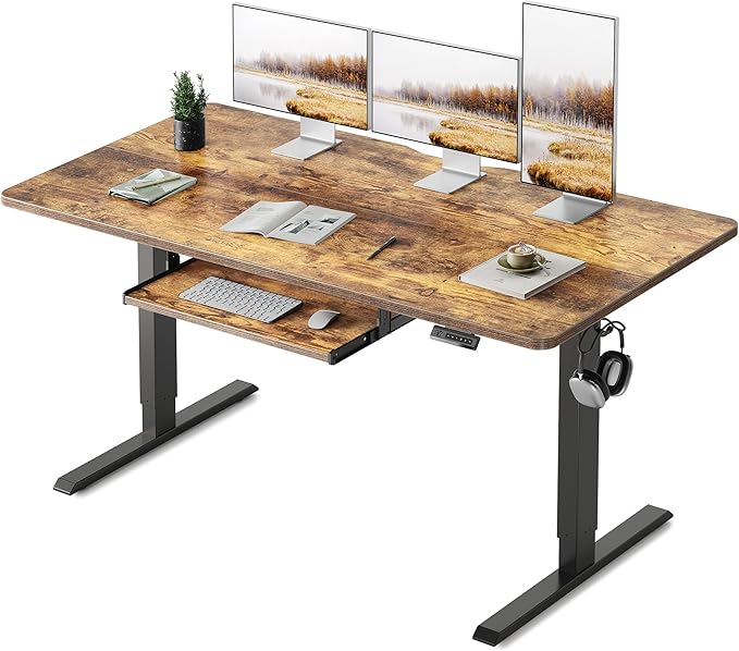 FEZIBO Standing Desk with Keyboard Tray 60 x 24 Inch Adjustable Height Sit Stand Desk with Memory Presets for Home Office Ergonomic Computer Workstation Rustic Brown