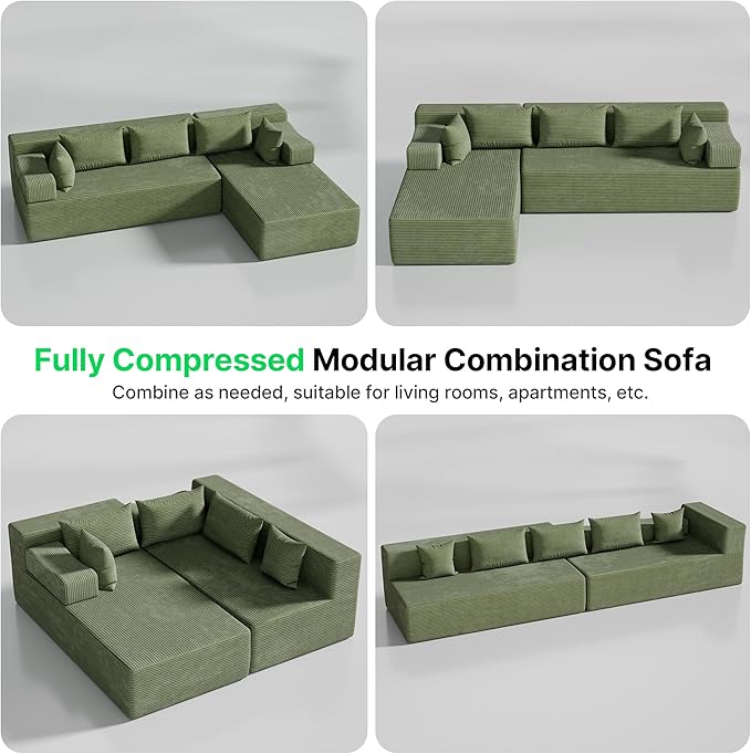 106 Cloud Sectional Couch with L-Shaped Chaise Modular Sectional Sofa with Deep Seat and Removable Armrests Comfy Corduroy Boneless Couches for Living Room No Assembly Required Green