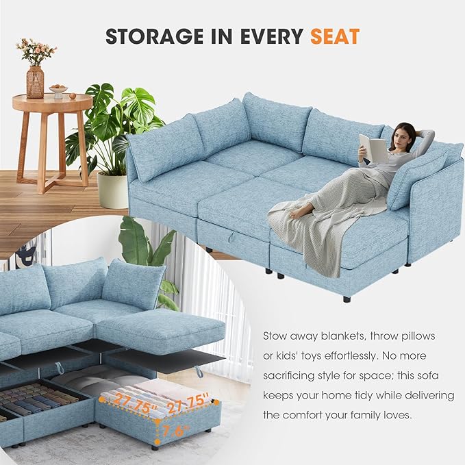 6 Seat Modular Sectional Sofa with Storage Convertible Sectional Couch Modular Sofa with Chaise Living Room Furniture Sets U Shaped Couch with Ottoman Couches for Living Room Blue