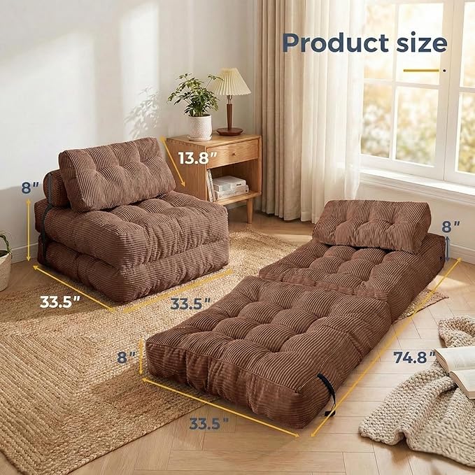 Folding Sofa Bed Convertible Sleeper Chair with Pillow Foldable Mattress with Back Support Portable Fold Out Chair Bed Comfy Floor Sofa Lounge for Living Room Bedroom Single (Coffee)