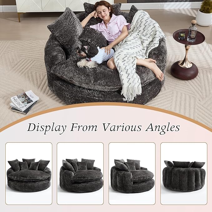 54 Oversized Round Chair Couch Lounge Chaise Indoor Comfy Boneless Sofa for Living Room Cloud Large Circle Couch Chair with 5 Pillows Fluffy Modern Sleeper Sofa Bed for Reading (Dark Grey)