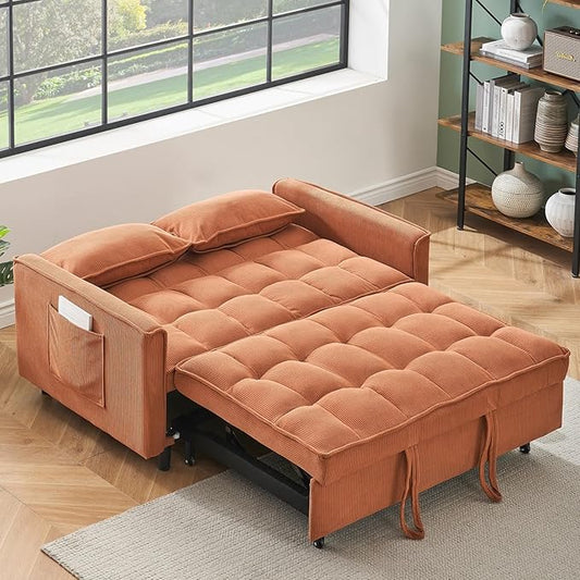 3 in 1 Convertible Sleeper Sofa BedFuton Pull Out Couch with Adjustable BackrestVelvet Fabric Loveseat Sofa with Side Pocket for Bedroom Living Room (Orange)